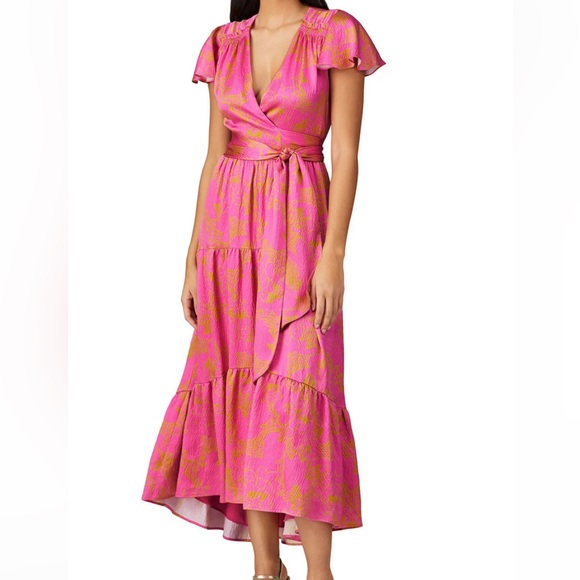 Tanya Taylor Liza Floral Print Flutter Sleeve Tie Wrap Waist Midi Dress Pink 6 - Picture 1 of 10